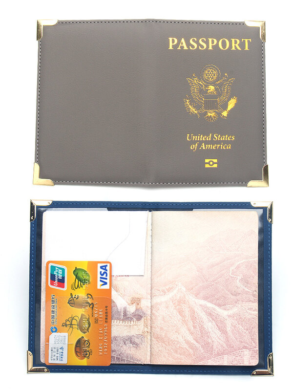 Portefeuille de voyage pour passeport américain pour femme, étui en PU, porte-cartes, coins métalliques