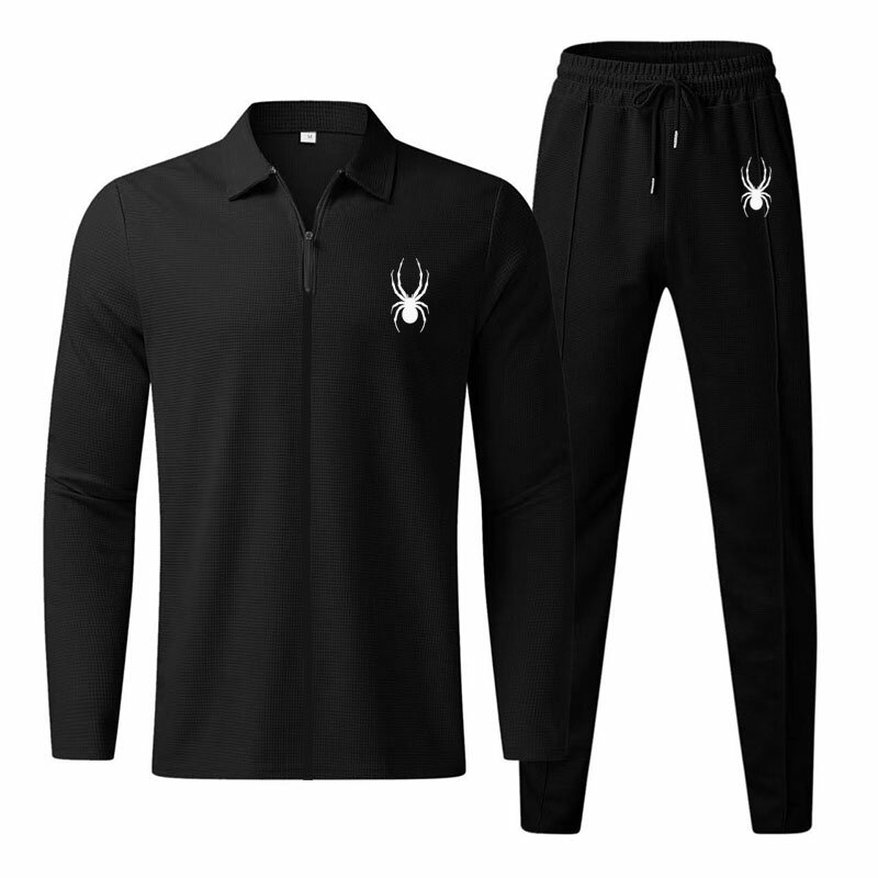 Jaqueta masculina com zíper de tecido waffle e calças conjunto de 2 peças de treino, estilo esportivo casual, moda primavera e outono