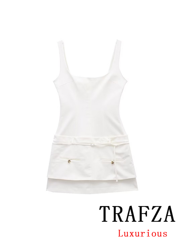 Trafza-女性のためのシックなスクエアカラーのショートドレス,単色の白いミニドレス,セクシーなストラップ,新しいファッション,夏のステージ,2024