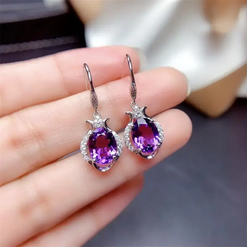 Mencheese  Natural Amethyst Eardrops Deep Mysterious Purple Completely Pure S925 Silver Delicate Mosaic Ear Rings