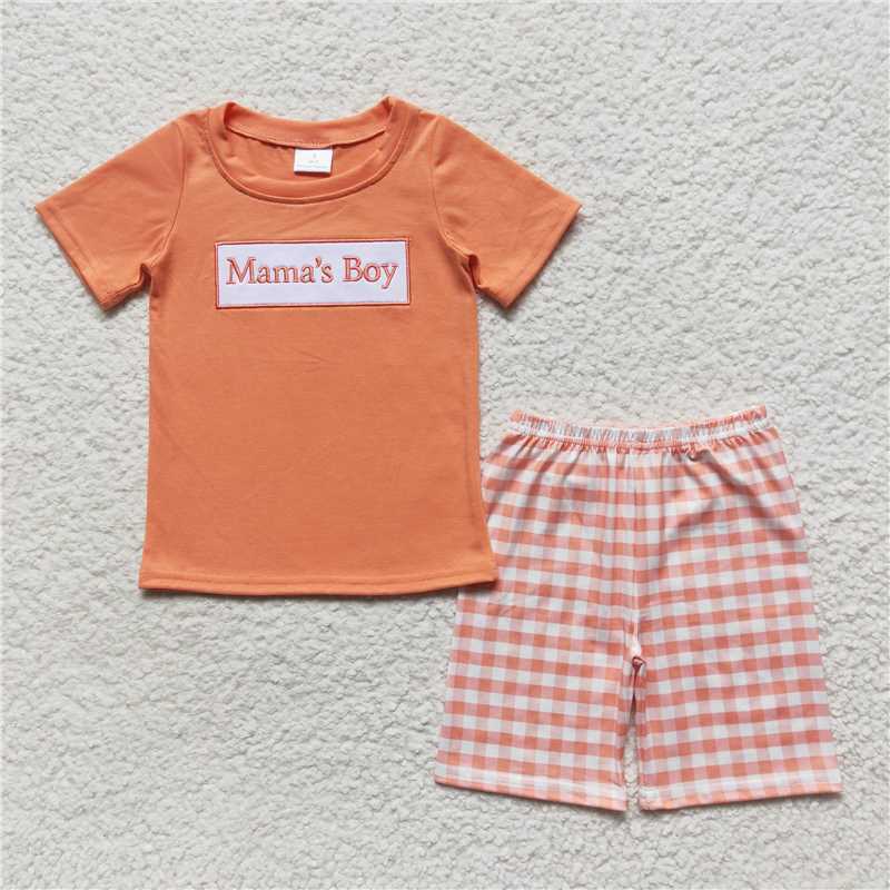 wholesale hot sale western boutique baby boys clothes Embroidered lettering teal short-sleeved colored plaid shorts outfits
