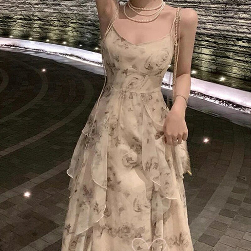 Houzhou elegante Urlaubs kleider für Frauen lange Blumen Chiffon Midi Kleid ärmellose Vintage Kleid Fee schlanke Party lässig