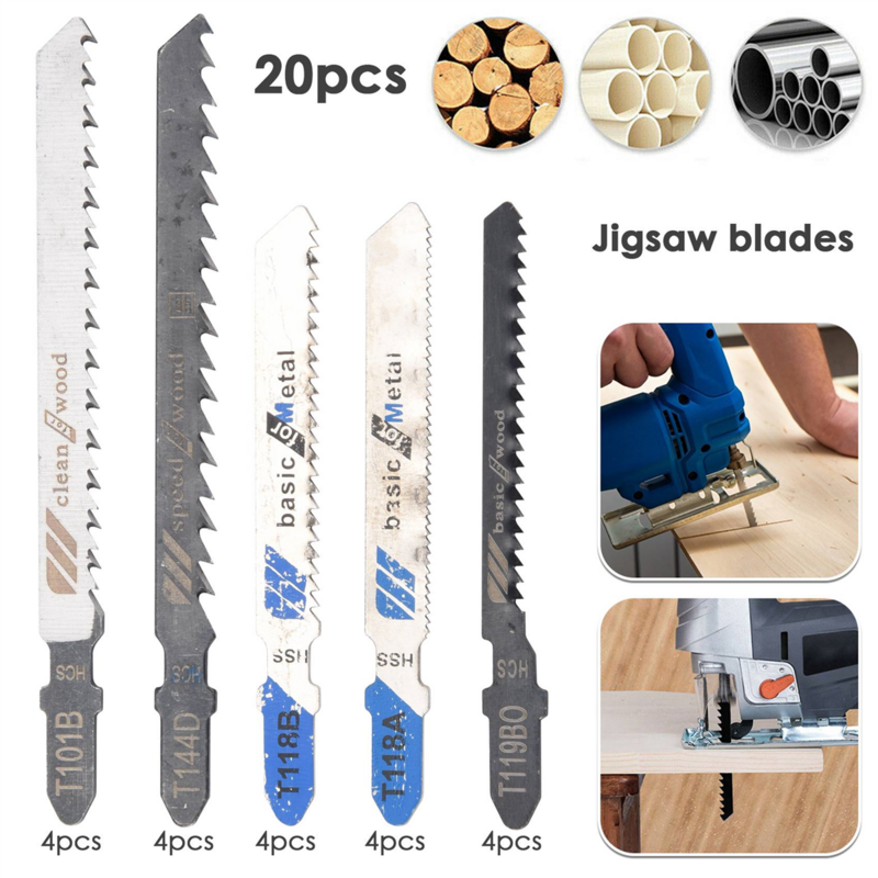 Set pisau gergaji ukir, 20 buah gergaji Jig pengganti T berbagai macam untuk memotong kayu dan logam
