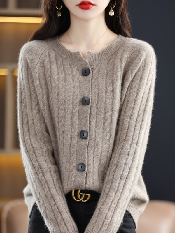Nuove donne maglione di lana manica lunga o-collo Cardigan 100% lana Merino autunno inverno caldo Twist fiore maglieria moda coreana top