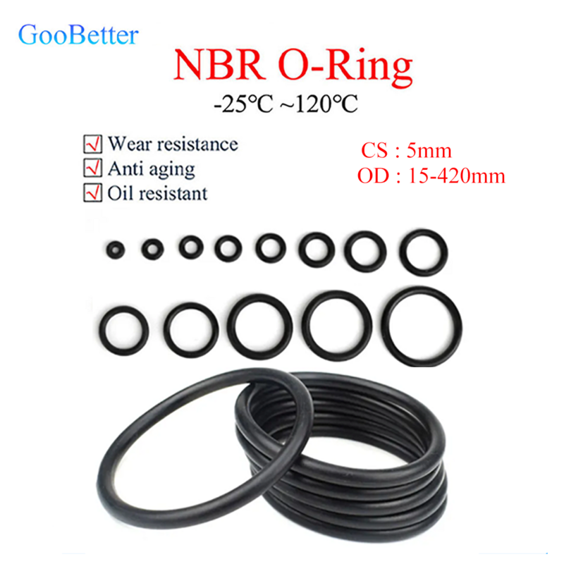 Selo do anel-O de borracha nitrílica, anel-O preto de NBR, anel-O resistente a óleo, Corrosão-prova, impermeável, arruela de selagem redonda, 5mm, OD 15-420mm