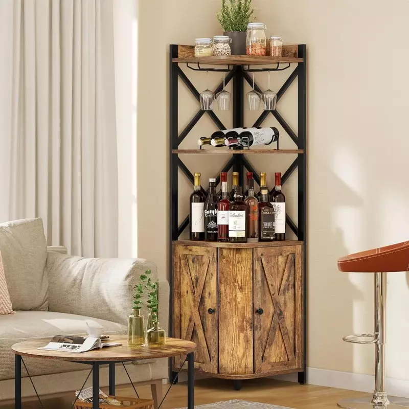 Narożna szafka barowa ze szkłem i pojemnik na wino, półka narożna przemysłowa z pojemnikiem na wino, 5-poziomowy Bar w szafce z alkoholem
