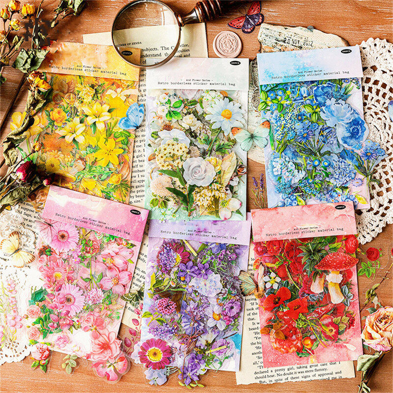 100Pcs/Bag Botanical Stickers 6 Styles Vintage Aesthetic Flowers Hand Account Material Scrapbook Decorative Stationery Sticker