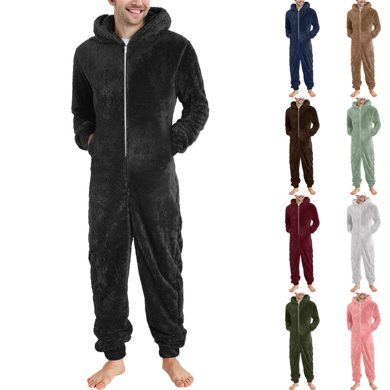 Pijama de lana Artificial de manga larga para hombre, ropa de dormir informal de cuerpo completo, mono holgado con capucha, Rompe cálido de invierno