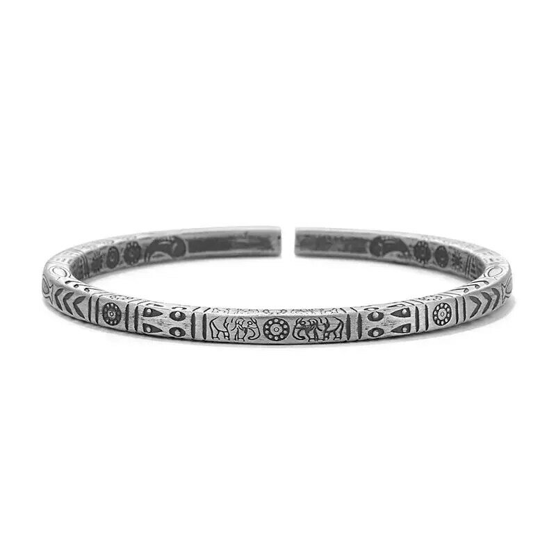 Mencheese Auspicious Totem Ethnic Style Bracelet S999 Full Silver Retro Solid Couple Open Simple Handmade Silver Bracelet Gift
