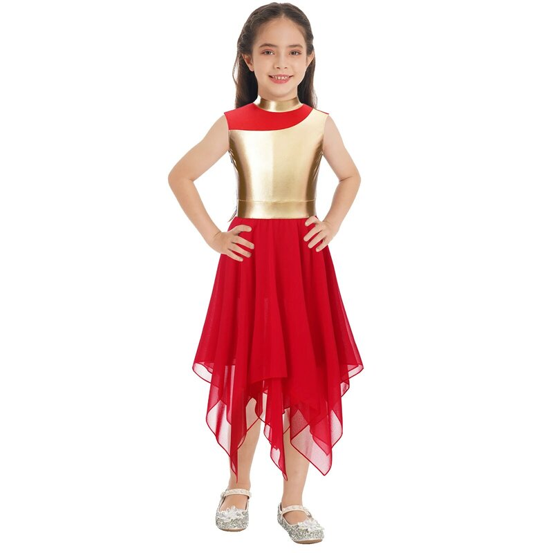Dziecięca dziewczynka metaliczna nakładka pochwalna sukienka taneczna bez rękawów szyfonowa kolorowa suknia kościelna liryczna odzież taneczna dla nastolatków
