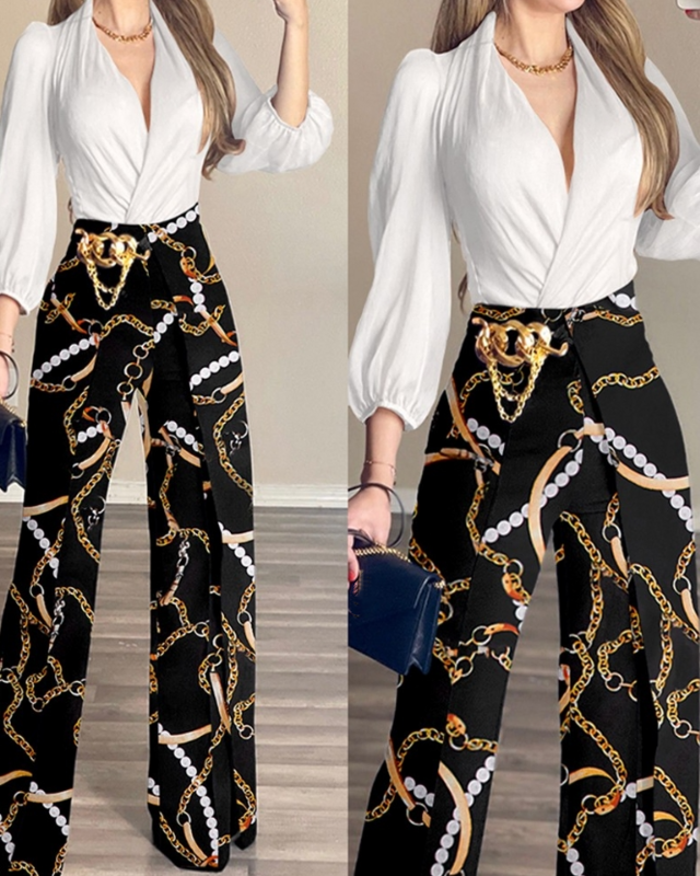 Pantaloni da donna primavera autunno moda catena stampa vita alta falso due pezzi elegante temperamento ufficio signora lavoro pantaloni lunghi