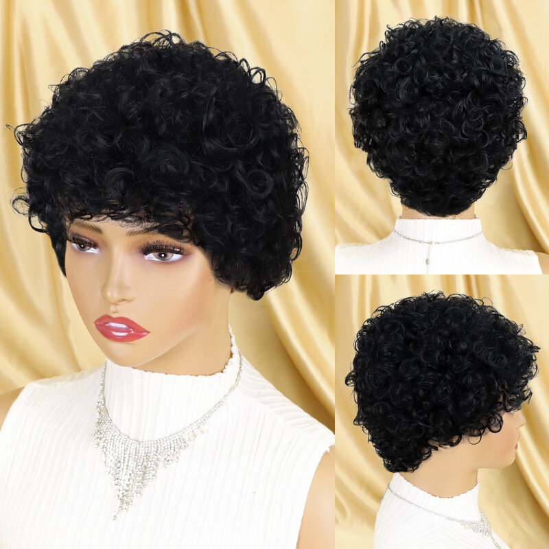 Tanie Afro ludzkich włosów peruki z włosami kręconymi typu Kinky dla czarnych kobiet krótki Bob naturalne puszyste peruki brazylijski ludzki włos Glueless z grzywką