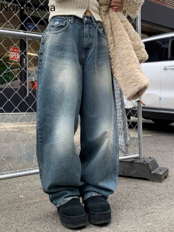 Pantaloni a gamba larga coreani per le donne Streetwear Vintage Y2k Jeans Chic Casual pantaloni larghi a vita alta Denim Pantalon Femme 27 w452