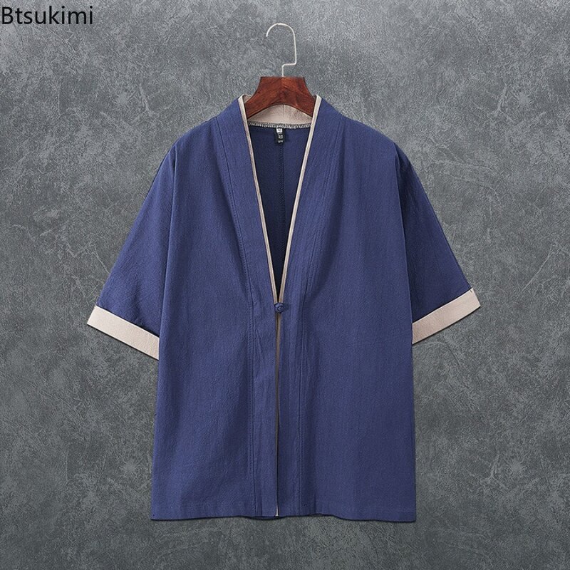 Cardigan Kimono di lino da uomo in stile cinese moda Patchwork allentato top Casual cappotto Trend Streetwear nuovi uomini camicia Harajuku Hanfu