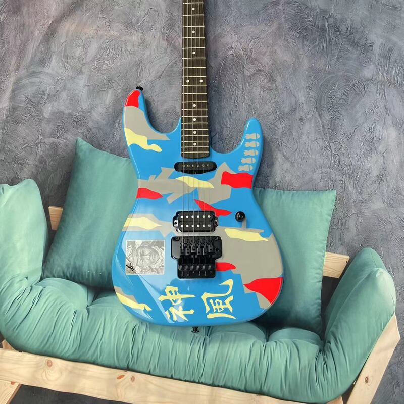 Gitara elektryczna Shenfeng z 6-strunowym dzielonym korpusem, niebieskim korpusem, podstrunnicą z palisandru, zepsuty styl odcienia, zdjęcia fabryczne Pictu