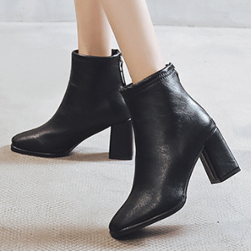 Women's Chunky Heel Ankle Boots Fashion Female Autumn Heeled Shoes Back Zipper Chelsea Boots for Women Winter Keep Warm Botas
