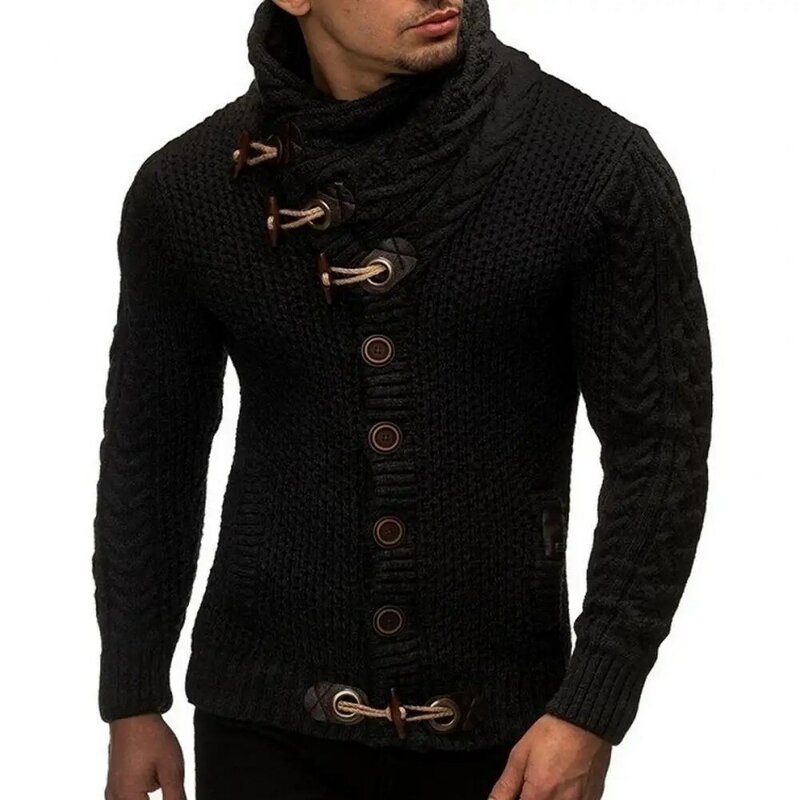 Мужской свитер с роговыми пуговицами, вязаный свитер, однотонный облегающий кардиган, свитер