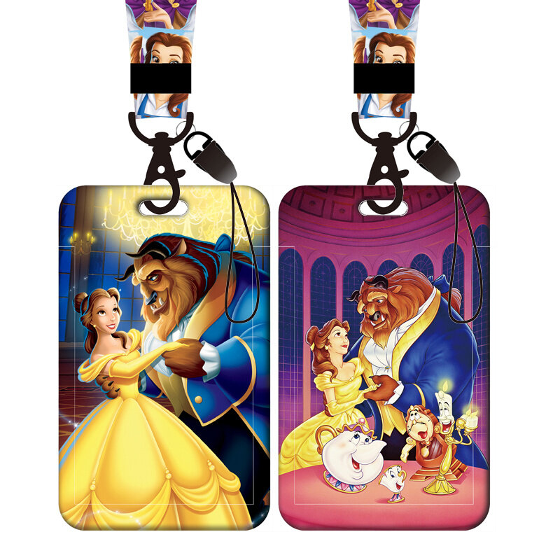 Disney Card Holder Lanyard para Chaveiro, Clipe Retrátil, Belle, Titulares do cartão de identificação, Alça no pescoço, Emblema da Porta, Beleza e Fera