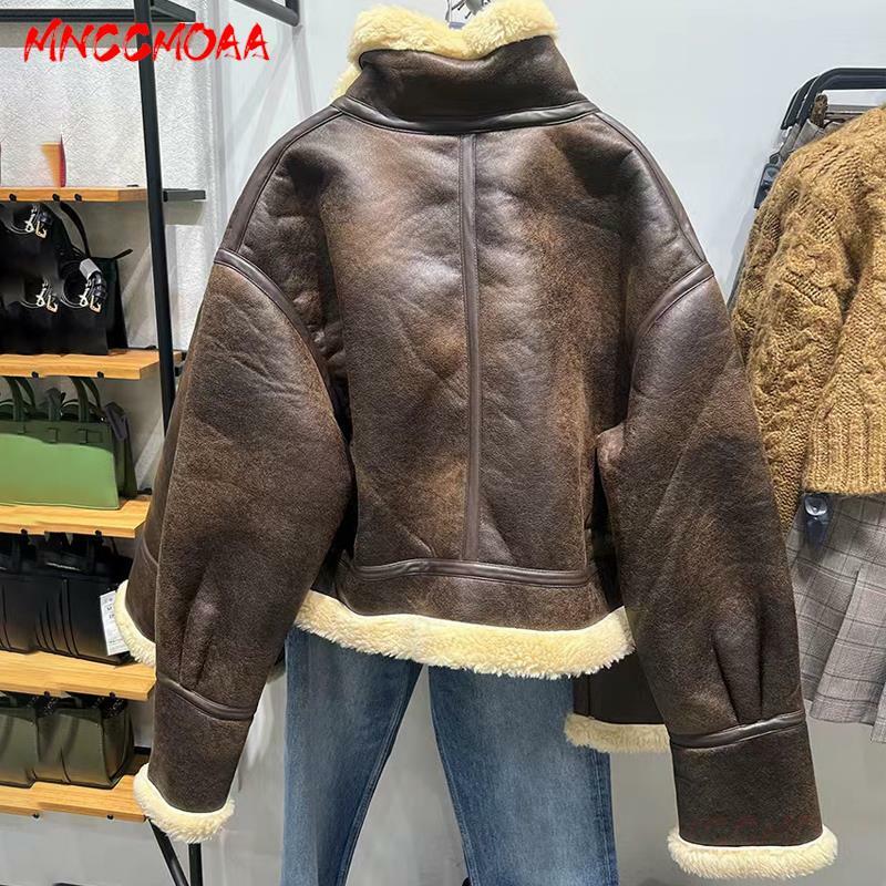 MNCCMOAA jaket kulit imitasi wanita, mantel Vintage tebal hangat atasan longgar warna polos 2024 mode musim dingin kualitas tinggi