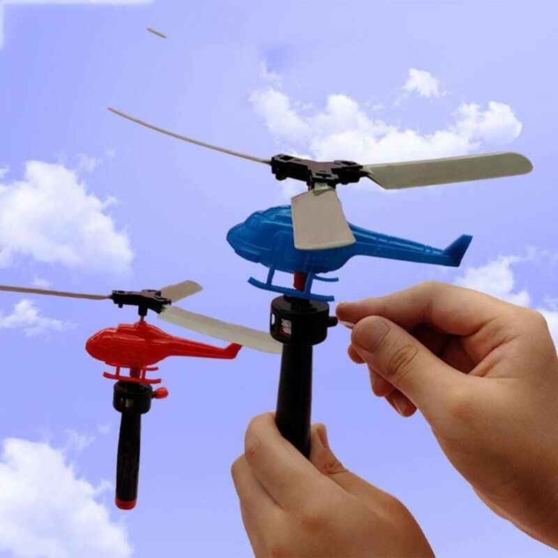Tali tarik mainan helikopter garis tarik, mainan helikopter Mini menyenangkan dengan pegangan kabel tali serut hadiah anak-anak