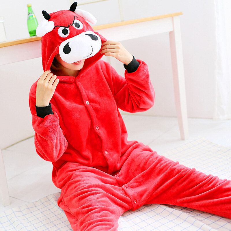 Unisex Adult Flannel Onesie Winter Thick Cartoon Animal Red Bull Pajamas Halloween Costume Cosplay Sleepwear Homewear Jumpsuits