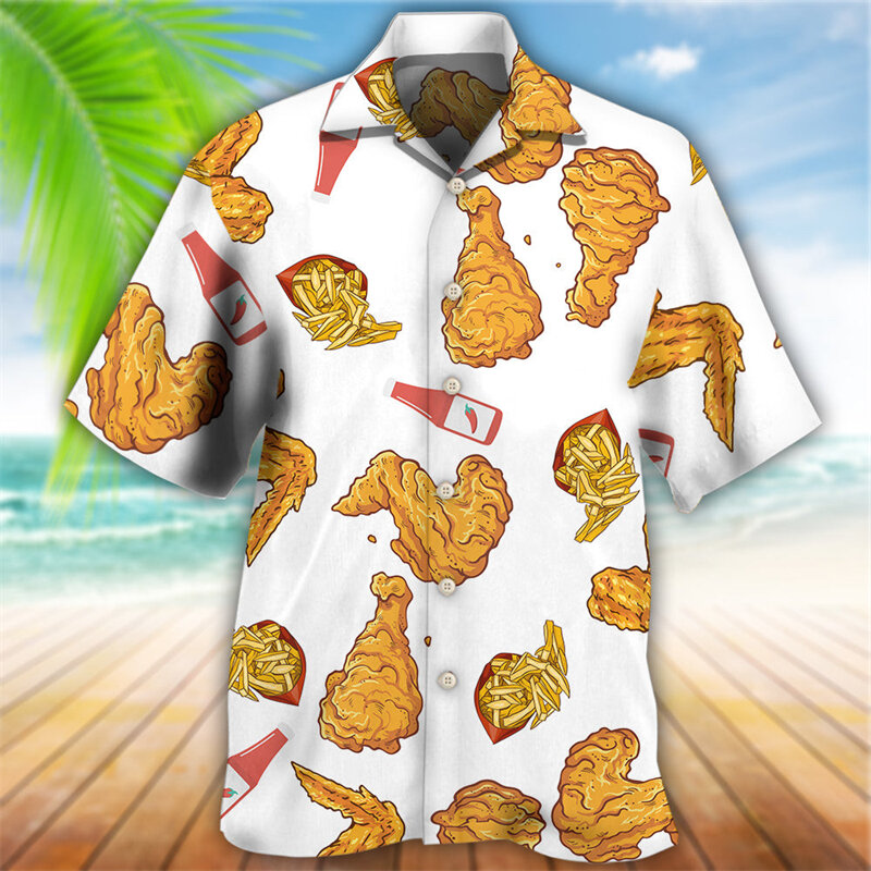최신 루즈 통기성 3D 프린트 트렌디 쿨 패션 치킨 셔츠, 해변 하와이안 상의, 반팔, 여름 남성 티