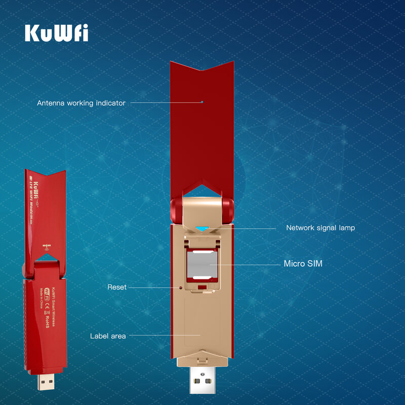 KuWfi 휴대용 와이파이 USB 동글 4G 모뎀, SIM 카드 슬롯 포함, 150Mbps 무선 라우터, 잠금 해제 홈 오피스 핫스팟 와이파이 라우터
