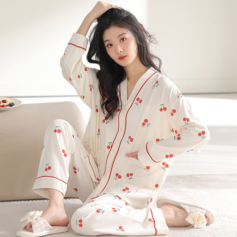 100% Cotton Pajamas Set Women's Spring and Autumn Sleepwear Long-sleeve Home Service Women's Simple Loose Casual Suit