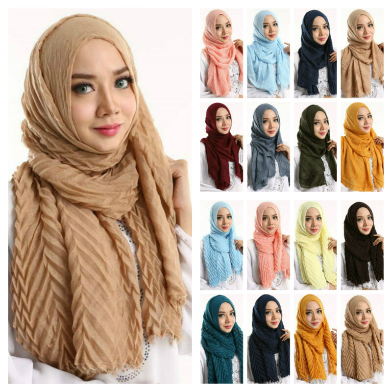 Plain Wrinkle Voile Lenços para Mulheres, Hijab, Xales, Wraps, Crinkle Headband, Hijabs muçulmanos, Estolas, Pashmina, Bufanda, Foulard, Monocromático