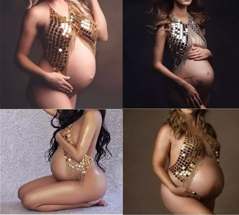 Accesorios de fotografía de maternidad Sexy para mujer, vestidos superiores de maternidad para sesión de fotos, lentejuelas, cadena corporal, diosa del vientre, ropa de moda