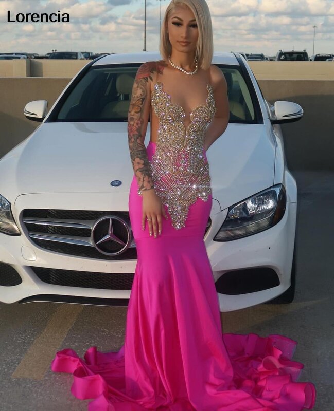 Gaun Prom berlian imitasi merah muda lorensia gaun Ratu Slay Afrika untuk Gadis Hitam Perak bermanik kristal gaun Gala pesta Formal YPD109