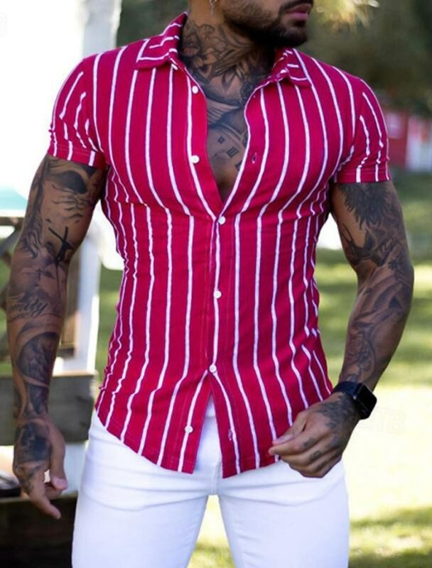 Men's Shirt Button Up Shirt Casual Shirt Summer Beach Shirt Short Sleeve Striped Turndown 100 % polyster Clothing Comfortable