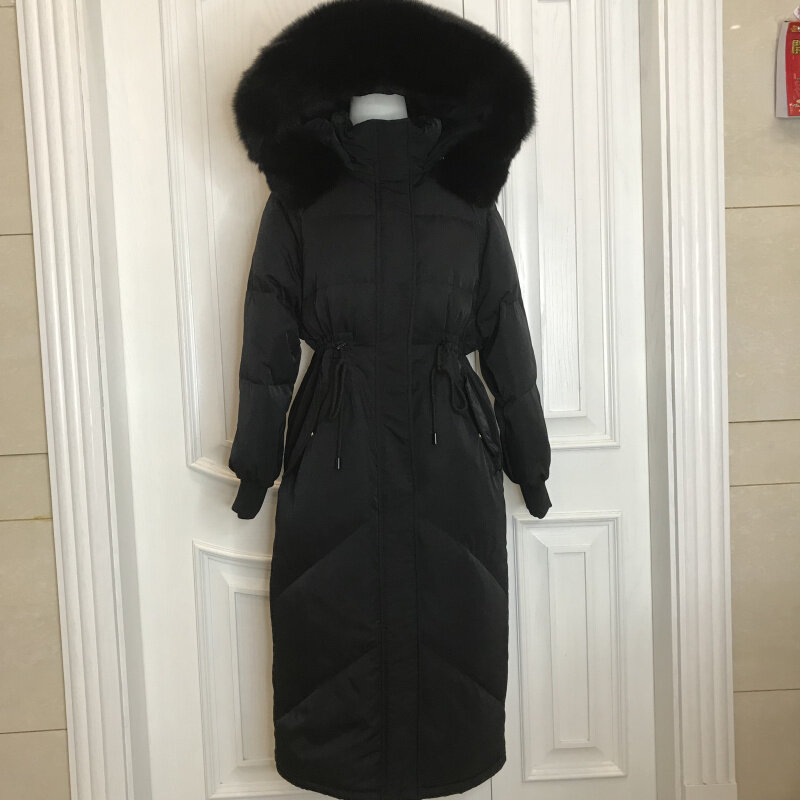 รัสเซียฤดูหนาวเสื้อขนเป็ด Hooded ผู้หญิงหนา Puffer แจ็คเก็ต Fox Fur Collar สายรัดเข็มขัดยาว Outwear Overcoats