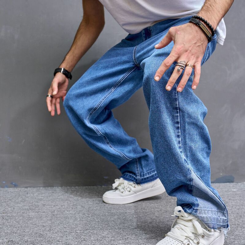 Calça jeans de perna larga lavada masculina, jeans angustiado, até o tornozelo, bolsos emendados, rua alta, zíper sólido solto, 2021