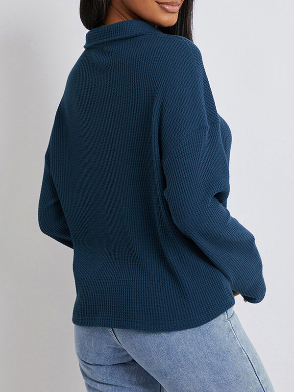 Women Sweatshirt Long Sleeve Turn-down Collar Zipped Loose Pullovers Spring Fall Vintage Casual Tops