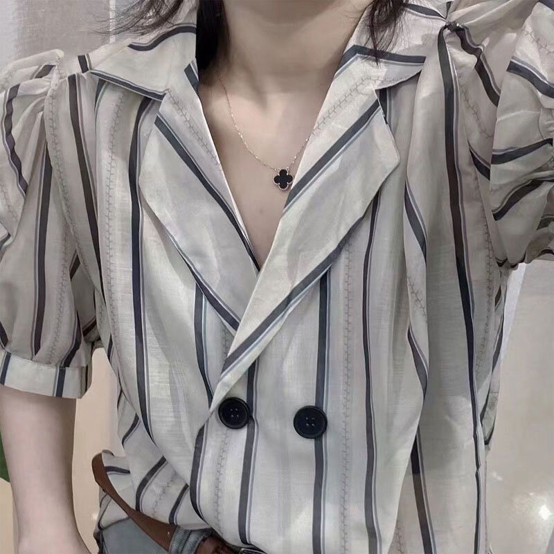 Blusa con cuello de sastre para mujer, camisa básica de manga corta, holgada, con botones, estilo coreano, para verano, 2024
