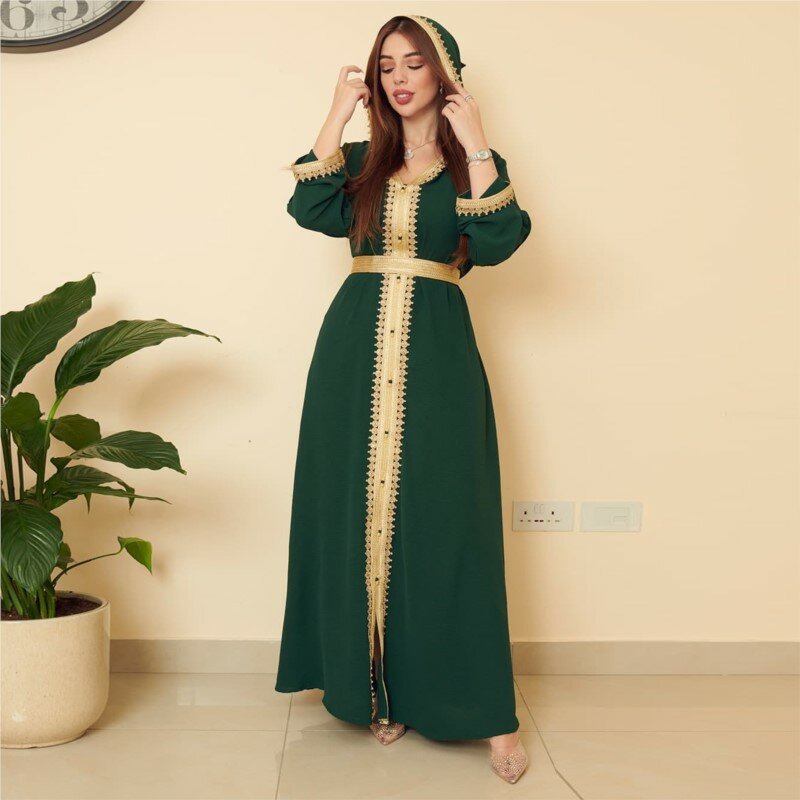Middle East Linen Green Muslim Saudi Arabia Hooded Women's Dress Large Swing Skirt