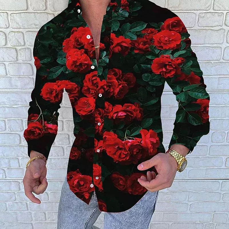 Men's rose-shaped lapel shape slim shirt casual spring and summer casual street top soft material new 2023