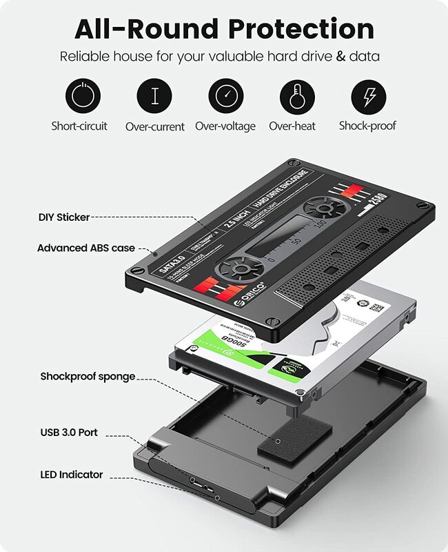 ORICO-carcasa de disco duro externo SATA a USB3.0, carcasa de HDD tipo C de 2,5 pulgadas, 5Gbps/6Gbps, con pegatina DIY