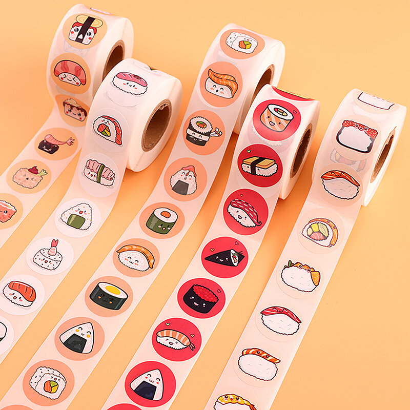 Pegatina Circular con patrón de Sushi de dibujos animados, cumpleaños y decoración de boda, pegatina de postre horneado, etiqueta de fiambrera, 1 rollo de 2,5 cm/1 pulgada