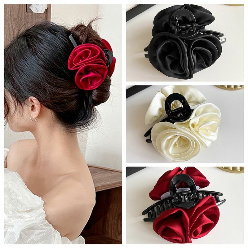 女性のための花と花のヘア爪、韓国スタイル、サメクリップ、大きなサイズ、バー留めアクセサリー、赤いバラ