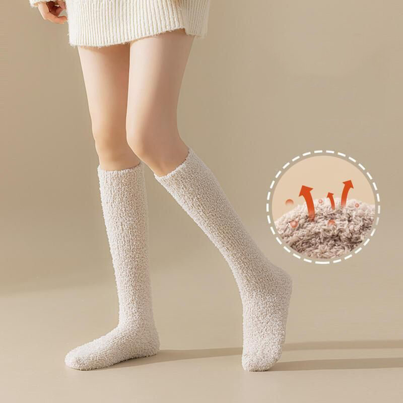 Meias de lã coral quente para mulheres, meia longa de pelúcia espessa, macio para dormir, meias simples, perna inferior, inverno