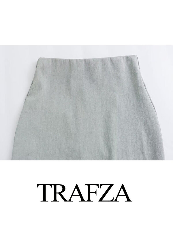 TRAFZA-saia reta longa para mulheres, streetwear feminino, bainha de fenda chique, moda casual, vintage slim, monocromático, elegante, Y2K