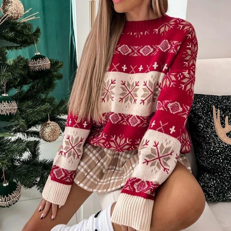 Женский Рождественский свитер Y2K, повседневный трикотажный теплый пуловер с длинным рукавом и круглым вырезом, зимний жаккардовый джемпер