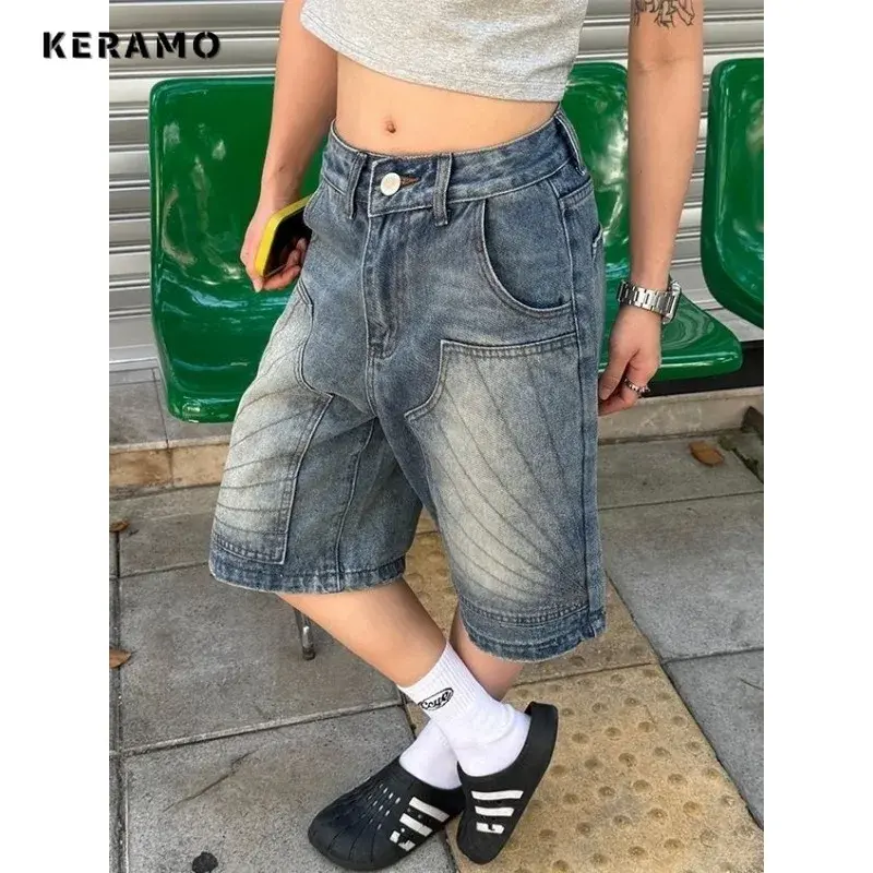 กางเกงยีนส์ลำลองสไตล์ฮาราจูกุของผู้หญิงสำหรับฤดูร้อน2024กางเกงขาสั้นทรงหลวมสวยงามวินเทจ Y2K กระเป๋าพังก์ขากว้าง celana pendek DENIM