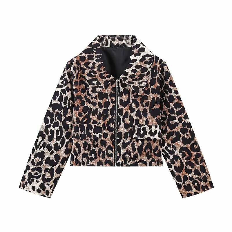 ZAURA New Women's Fashion and Casual Versatile Leopard Pattern Lapel Long sleeved Jacket Coat