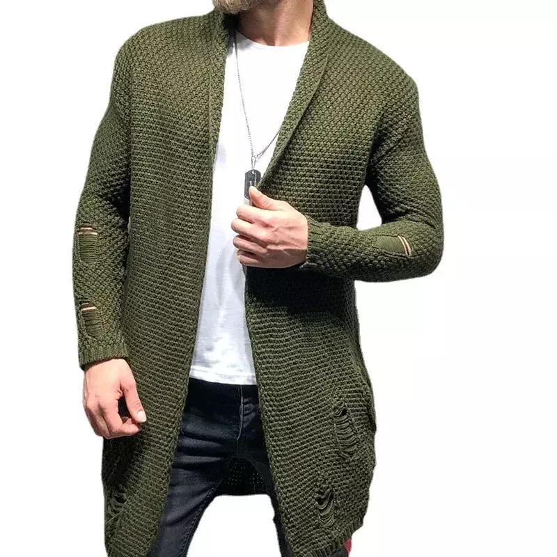 Cardigan solto de comprimento médio masculino, casaco de malha, roupas musculosas, suéter quente, outono, inverno