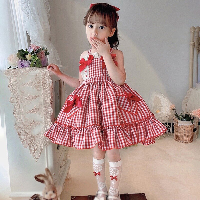Летнее клетчатое платье для маленьких девочек, милое платье без рукавов с бантом и карманами, детское Пышное Платье-пачка принцессы