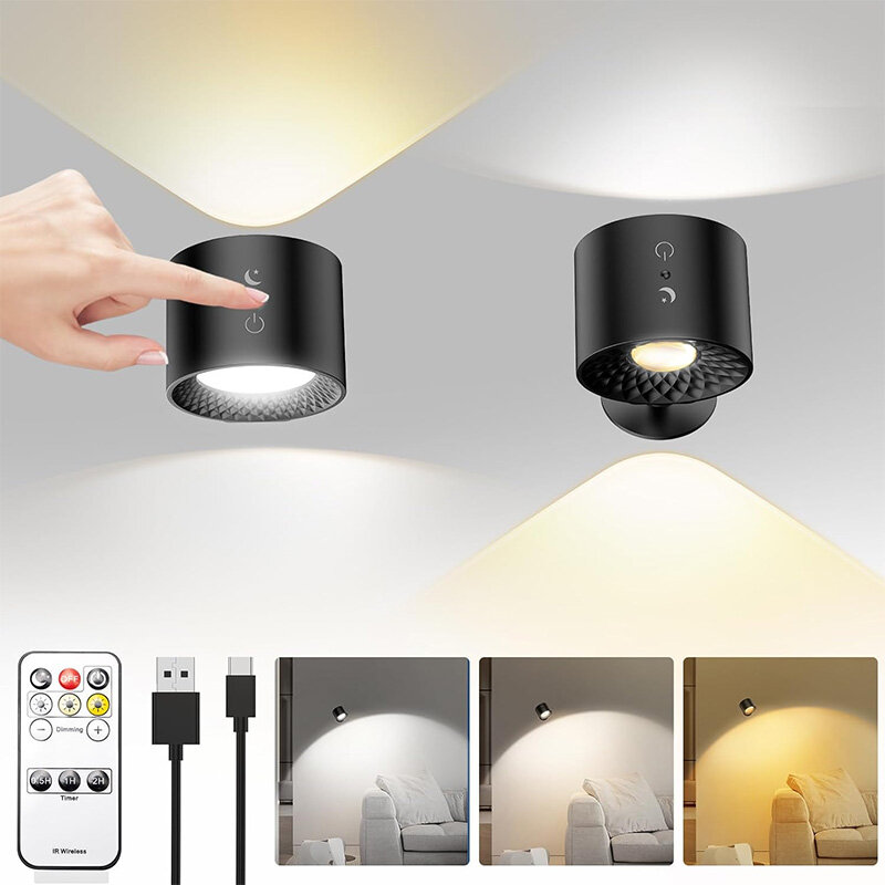 Lámpara Led de pared de doble cabezal, luz nocturna portátil inalámbrica con Control remoto, giratoria 360, recarga USB, para lectura de dormitorio