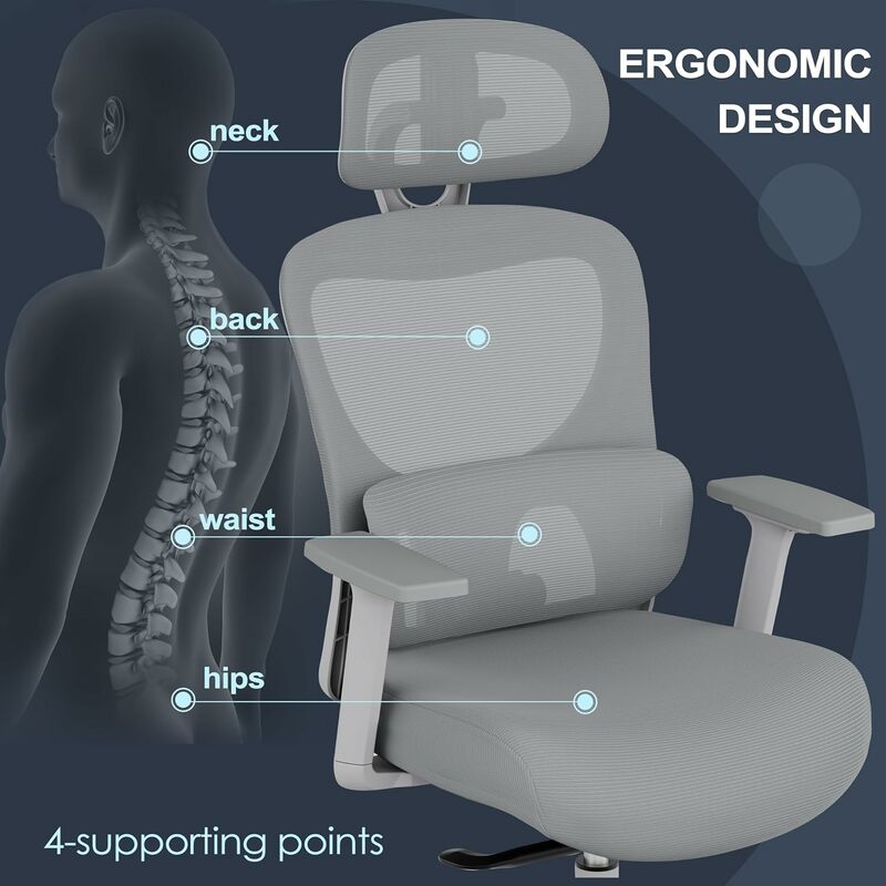 GABRYLLY 사무실 의자, 인체 공학적 책상 의자, 요추 지지대 조절 가능, 3D 팔걸이, 머리 받침대, 4 단계 틸트 백, 홈 메쉬 C